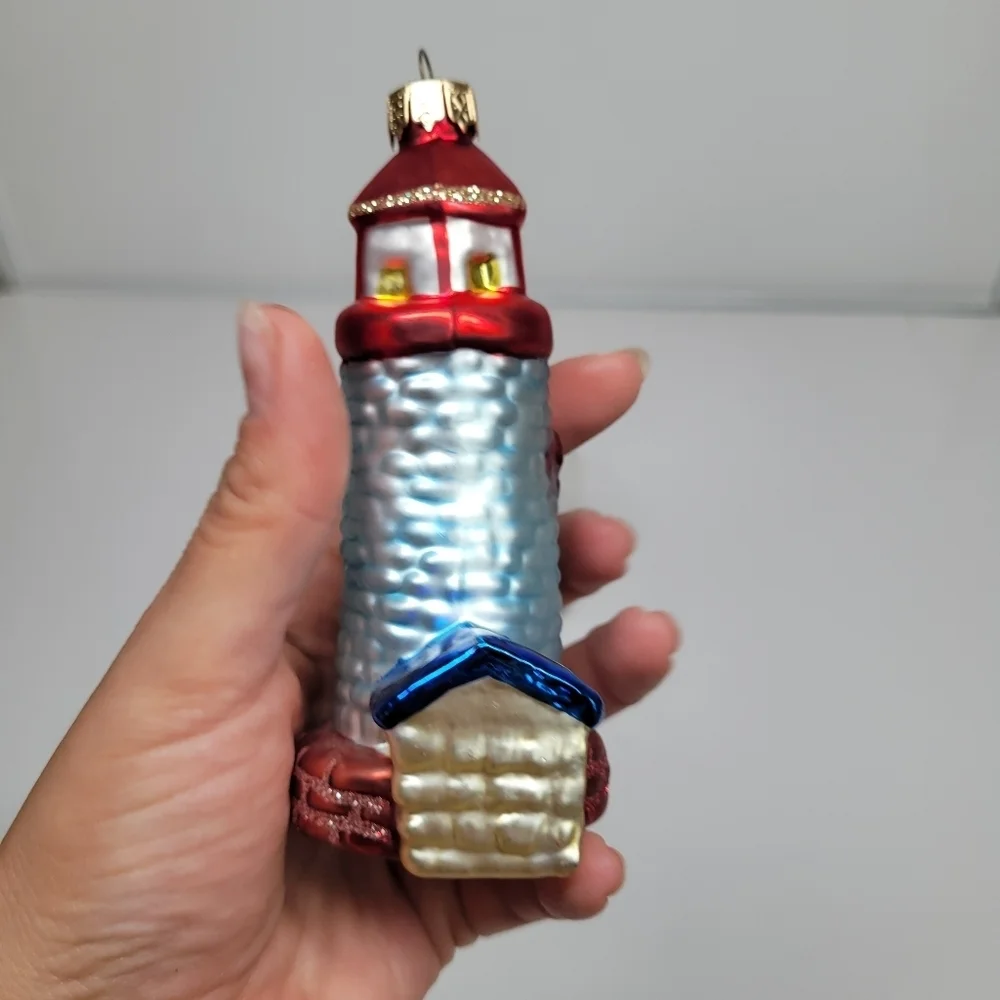 VTG Blown Glass lighthouse‎ Ornament Red Blue Glitter Ocean Coastal Holiday Gift